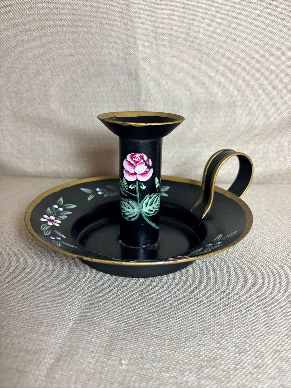 Vintage Centrum Toleware Chamberstick Candle Holder Hand Painted Floral 1989